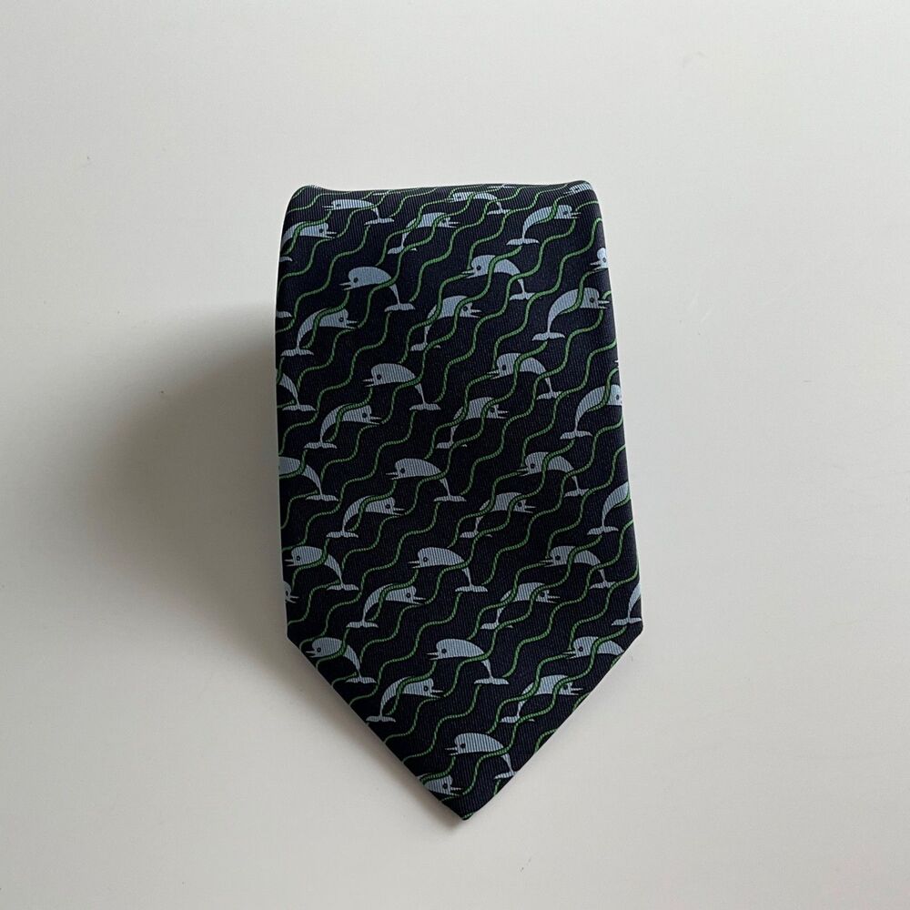Hermes Paris Silk Tie Navy, Blue Dolphins, Green Waves Pattern 987 SA Authentic